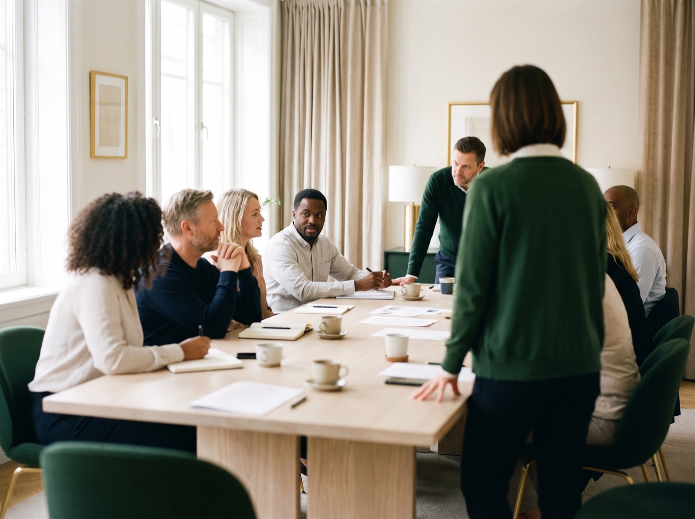Managers in discussion during a leadership workshop