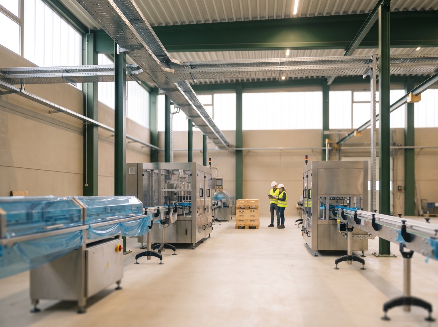 Engineers reviewing plans beside a newly installed production line